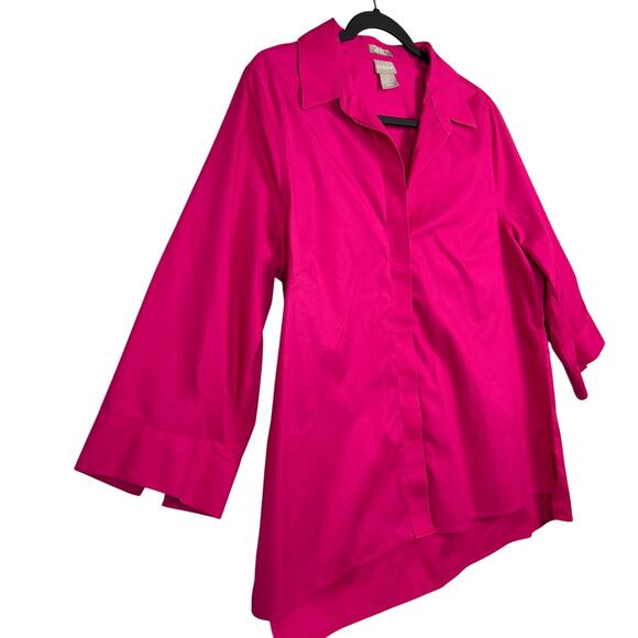 Chicos 2 Large No Iron Cotton Hidden Button Up Raspberry Hot Pink Women’s Blouse - Picture 3 of 12
